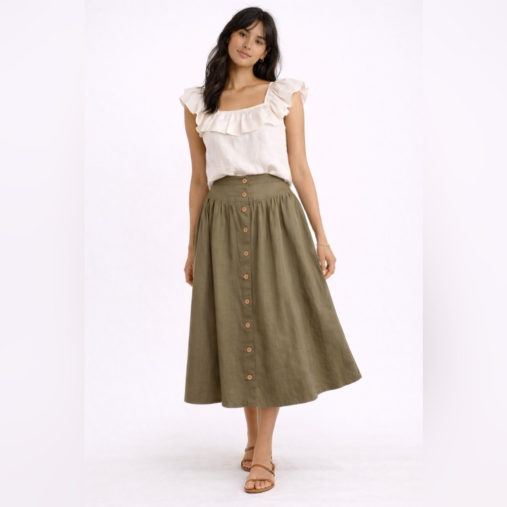 Vintage Kenya Collection Olive Green Button-Front Pintuck Midi Skirt Size 14